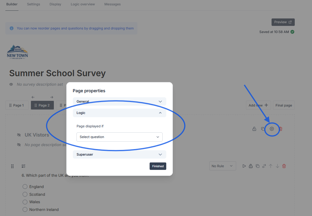 Screenshot of page logic dialogue box