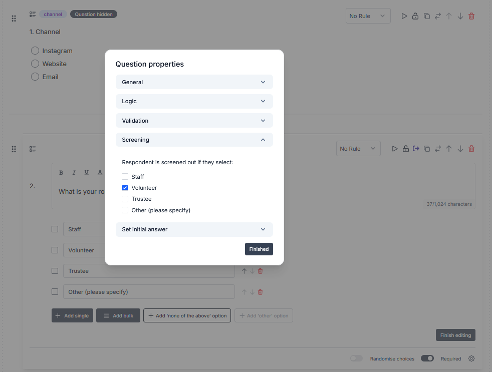 screenshot of screening dialogue box